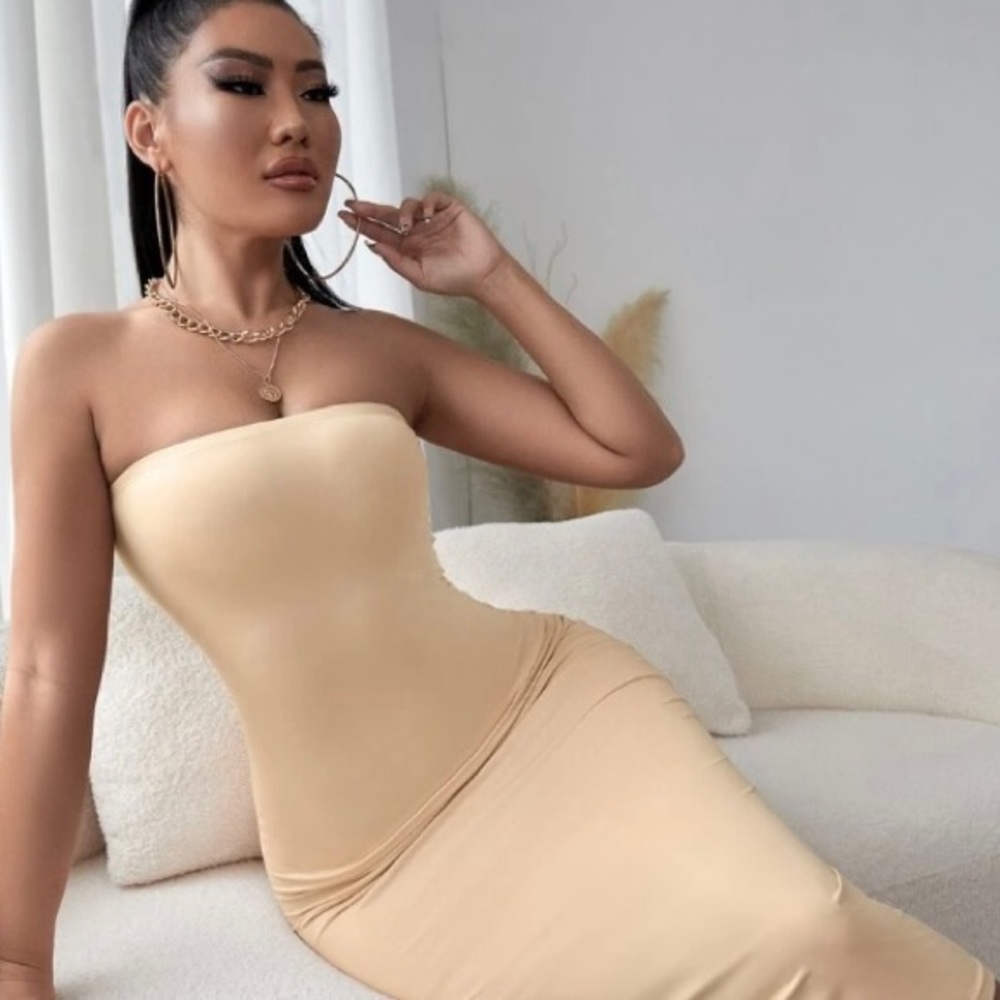 SHEIN SXY Solid Backless Tube Bodycon Dress Khaki